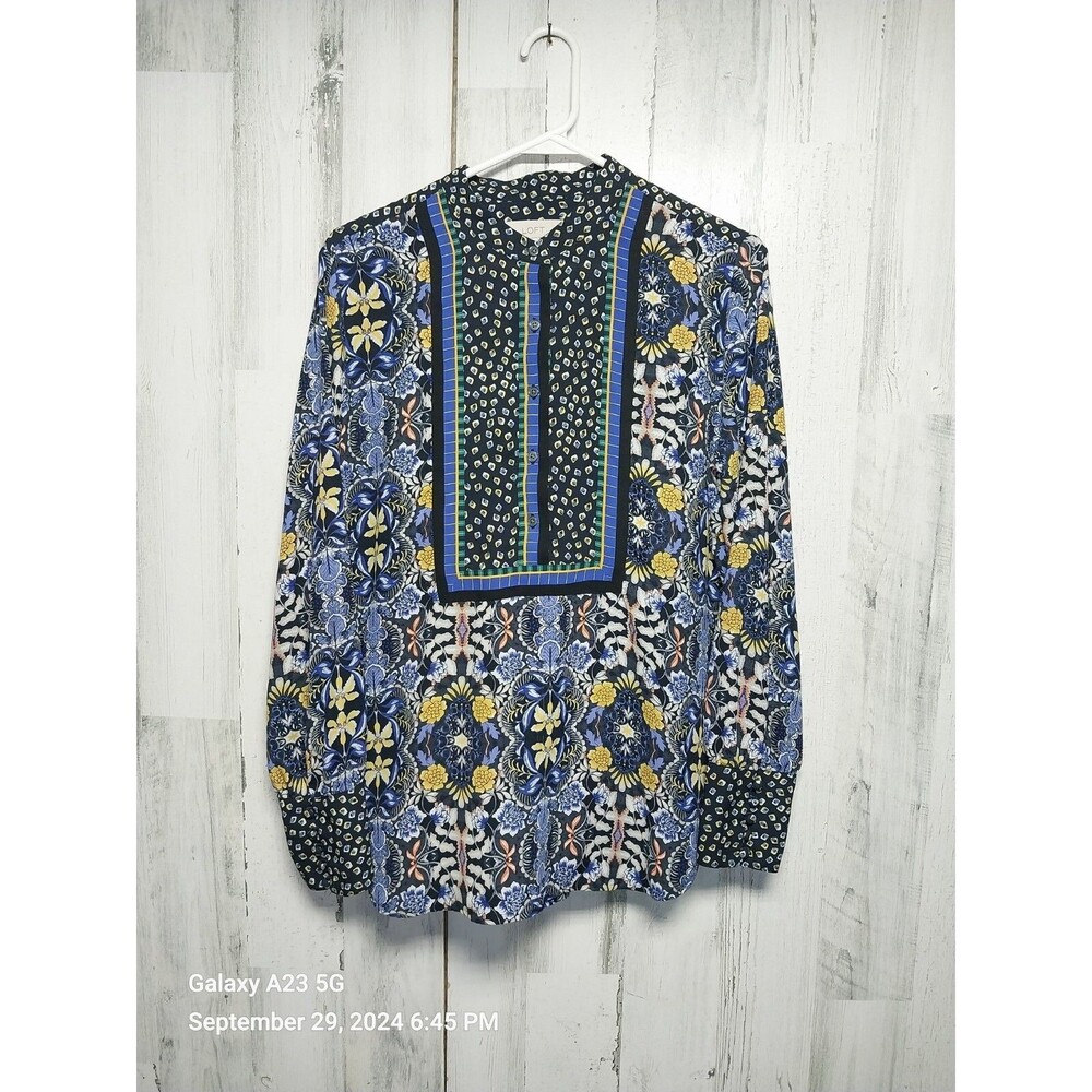 Ann Taylor LOFT Women Green Blue Yellow Long Sleeve Blouse Medium